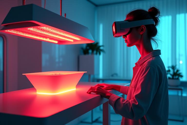 Eine dynamische Komposition, die verschiedene futuristische Gesundheitstechnologien visualisiert: Eine stilisierte Rotlichttherapie-Lampe, ein Smart-Gerät für Kälteexposition, ein subtiles Neurofeedback-Headset und VR-Brillen, die eine immersive Meditationsumgebung anzeigen, alle integriert in einem klaren, modernen Berliner Tech-Workspace. Die Farben sind lebendig und futuristisch und nutzen das gesamte Farbschema von Lebensfunkeln (insbesondere Akzent- und Primärfarben) mit klaren Lichtstrahlen, die Konnektivität und Innovation betonen.