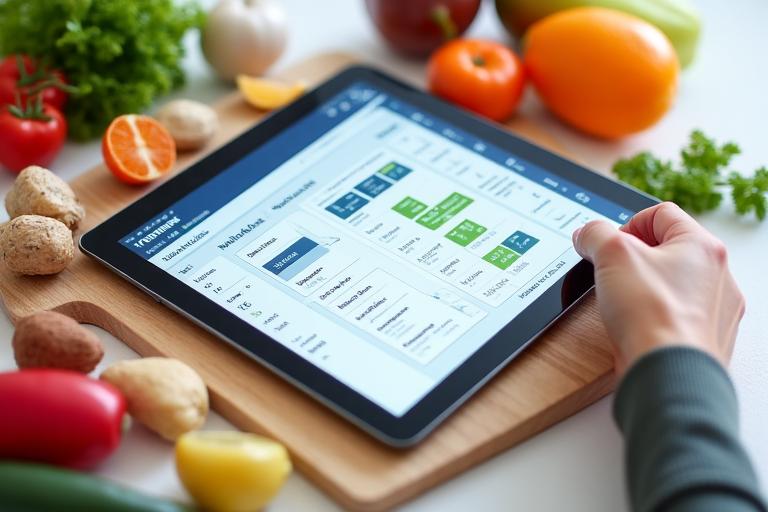Ein visuell ansprechendes Layout auf einem Tablet-Bildschirm, das detaillierte Nährwertanalysen und Diagramme eines Essens zeigt, flankiert von frischen, farbenfrohen Lebensmitteln auf einem Holzbrett (Gemüse, Obst, Nüsse). Die digitale Anzeige nutzt die primären und sekundären Farben des Lebensfunkeln-Brandings, während die natürlichen Lebensmittel die Akzentfarben aufgreifen, alles unter einem hellen, einladenden Licht.