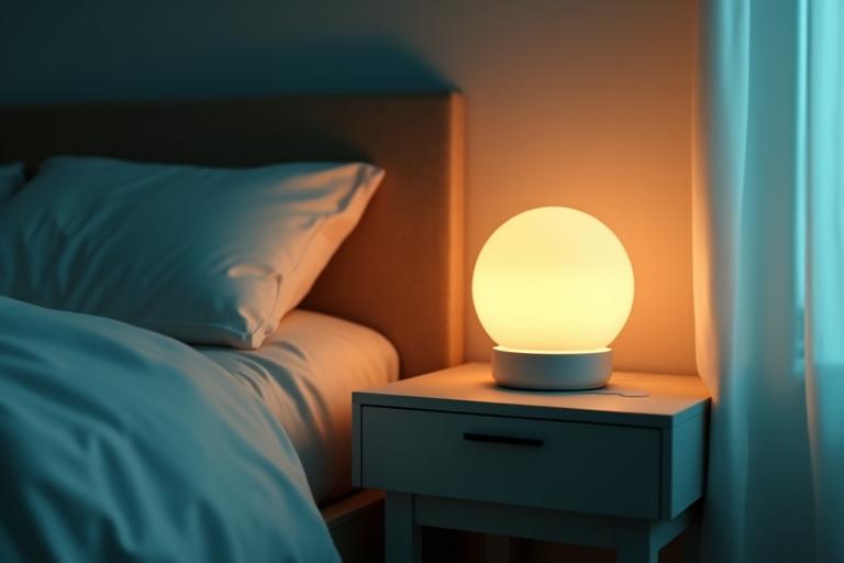 Eine beruhigende Schlafzimmerszene mit indirekter, warmer Beleuchtung und modernen Geräten zur Schlafoptimierung (z.B. ein Ring oder eine Matte zur Schlafüberwachung, eine Lichttherapielampe in dezenten Akzentfarben) auf einem Nachttisch. Die Szene strahlt Ruhe und High-Tech-Wohlbefinden aus. Die Farbpalette nutzt die beruhigenden Sekundärfarben und leichte Pastelltöne aus der Lebensfunkeln-Palette, mit sanftem Licht, das eine entspannte Atmosphäre schafft.
