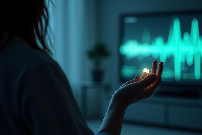 Eine friedliche Szene einer Person, die ruhig sitzt und eine Hand auf einem kleinen, stilisierten HRV-Messgerät hält, das ein sanftes Licht in den primären und sekundären Farben des Lebensfunkeln-Brandings abstrahlt. Im Hintergrund sind auf einem dezent beleuchteten Bildschirm Wellenformen oder Graphen der Herzratenvariabilität sichtbar, die eine beruhigende Atmosphäre schaffen. Die Beleuchtung ist sanft und diffus, um Ruhe und Kontrolle über den Stress zu symbolisieren.