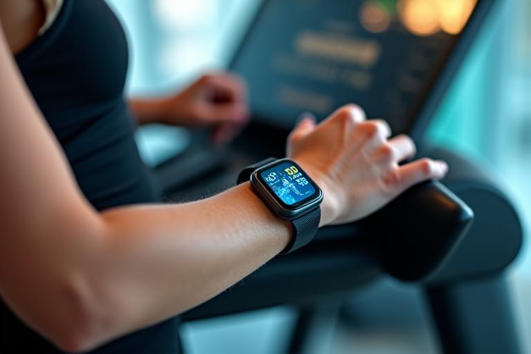 Nahaufnahme eines modernen Fitness-Trackers oder einer Smartwatch am Handgelenk einer Person, die auf einem Laufband trainiert, mit im Hintergrund leicht verschwommenen digitalen Gesundheitsgraphen auf einem Bildschirm. Die Farbtöne der Uhr und des Displays spiegeln die primären und sekundären Farben des Lebensfunkeln-Brandings wider, akzentuiert durch ein warmes Licht von oben, das Datenfluss und Fortschritt symbolisiert.
