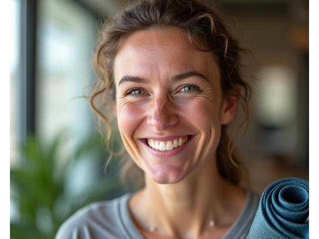 Marie, 42, Vorher-Nachher-Transformation durch bewusste Ernährung und Yoga, strahlend und fit.