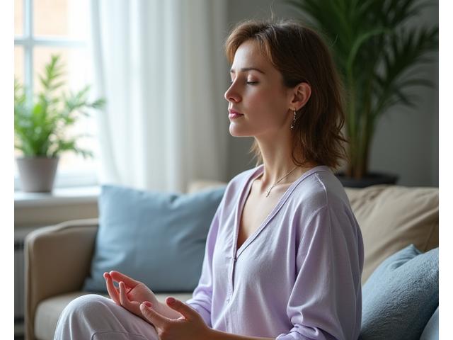 Sara, 38, lächelnd und entspannt, in einer Meditationspose, die innere Ruhe ausstrahlt.