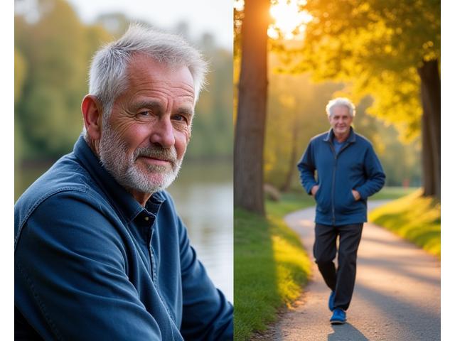 Thomas, 55, Vorher-Nachher-Bild, sichtbar fitter und aktiver, auf einem Wanderpfad in Berlin.