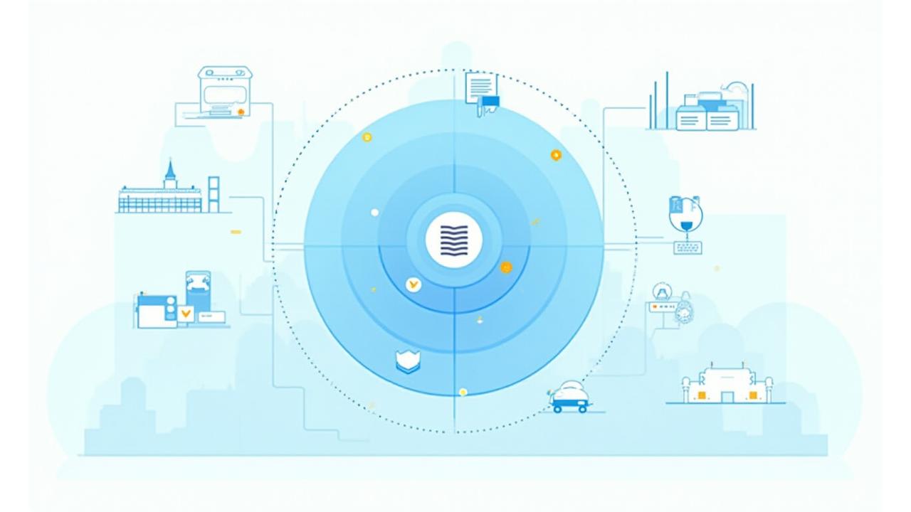Infografik, die verschiedene Schichten von Datensicherheitsmaßnahmen darstellt, wie SSL-Verschlüsselung, sichere Server in Deutschland und regelmäßige Audits, in einem klaren, modernen Stil.