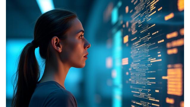 Person mit augmented reality Brille schaut auf digitale Grafiken, die 'Biohacking' darstellen.