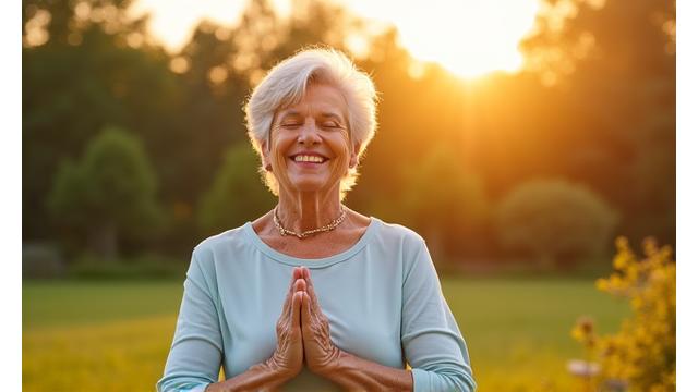 Lächelnde ältere Frau, die Yoga praktiziert, steht symbolisch für gesundes Altern.