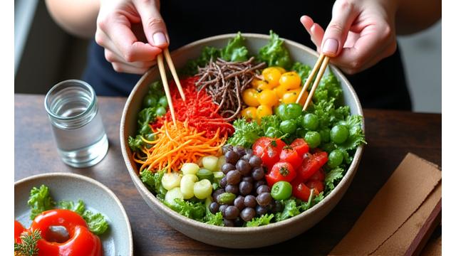 Teller mit frischem, gesundem Salat und gedämpftem Wasser, symbolisiert bewusstes Essen.