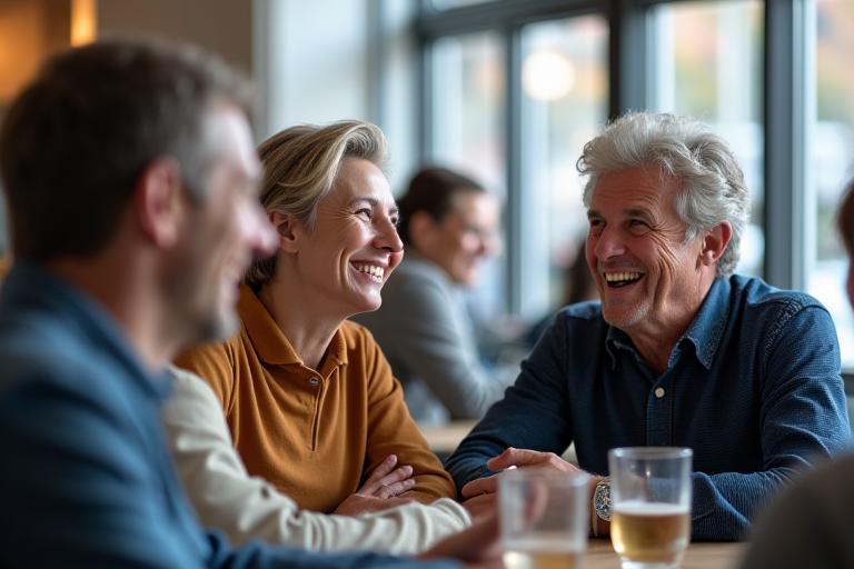 Eine Gruppe von Erwachsenen mittleren Alters lacht und unterhält sich bei einem informellen Meetup in einem modern eingerichteten Café in Berlin.