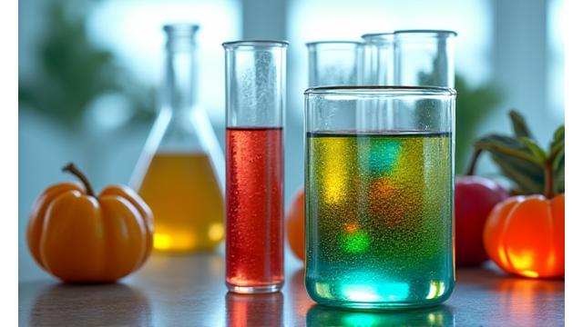 Nahaufnahme von Nährstoffen in Laborreagenzgläsern mit gesundem Obst als Hintergrund.