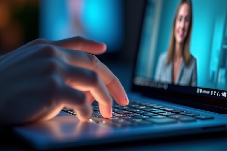 Nahaufnahme einer Hand, die auf einem Tablet eine Frage tippt, während im Hintergrund ein Webinar läuft.