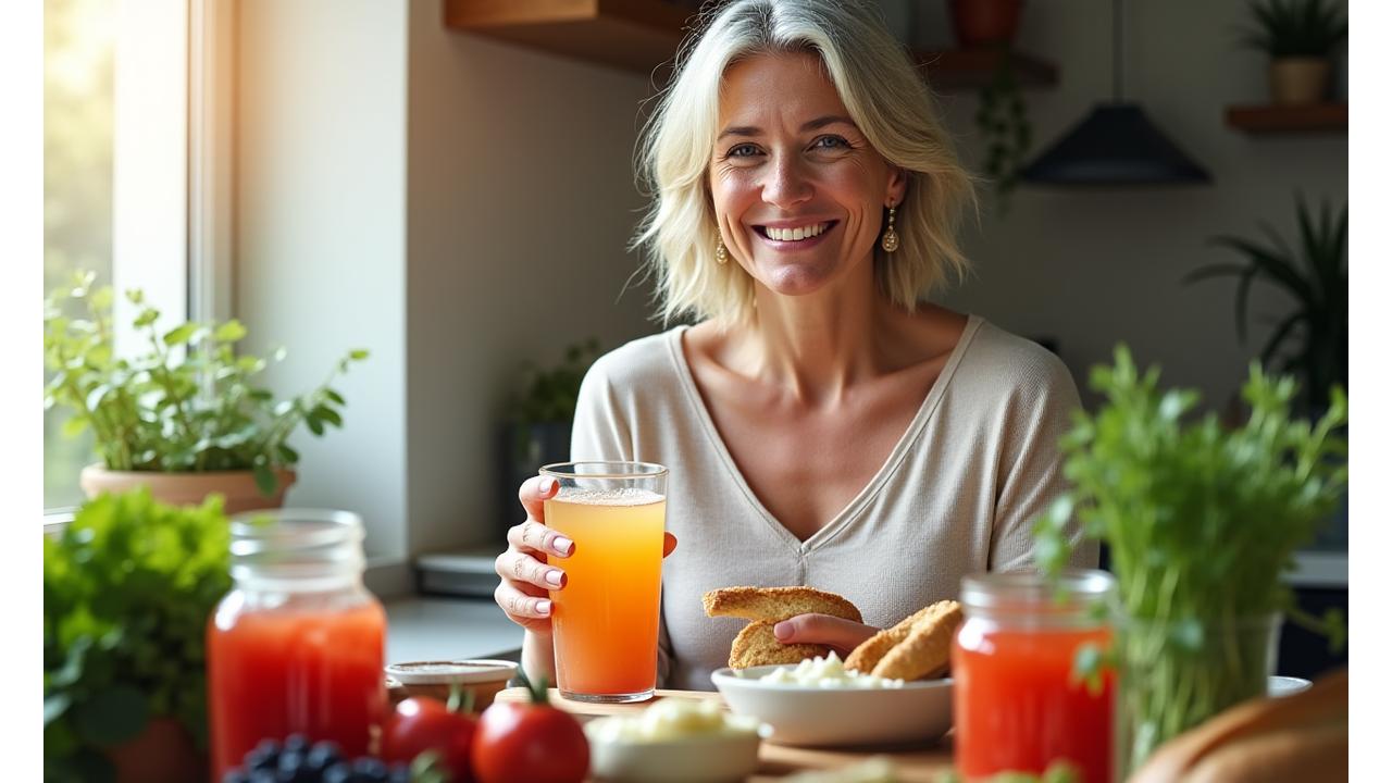 Eine junge Frau mittleren Alters, die lachend ein Glas fermentierten Kombucha trinkt, umgeben von frischem Obst, Gemüse und fermentierten Lebensmitteln wie Kimchi und Kefir.