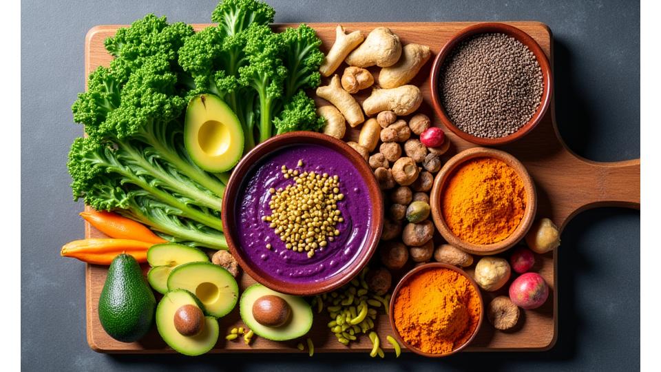 Eine bunte Auswahl an Superfoods, darunter Chiasamen, Goji-Beeren, Spirulina-Pulver und Avocados, appetitlich auf einem Holzbrett arrangiert.
