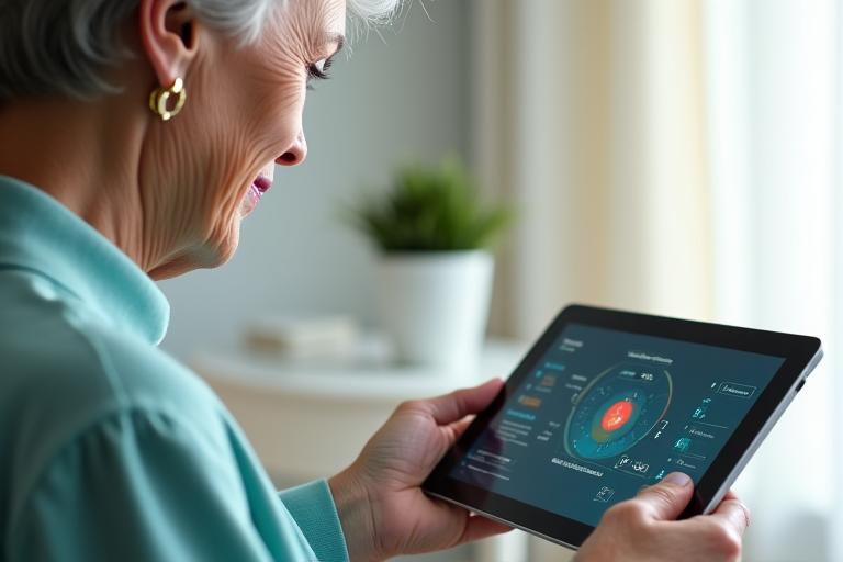 Eine ältere Frau füllt einen Fragebogen auf einem Tablet aus, symbolisiert Gesundheits-Assessment und aktive Teilnahme an der eigenen Gesundheit.