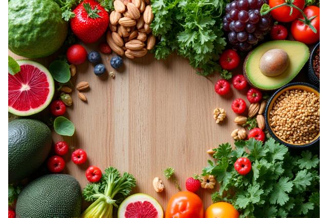 Detailaufnahme eines Tisches mit leuchtend frischem Obst, Gemüse, Nüssen und Samen, auf schön arrangiertem Holzbrett – symbolisiert eine ernährungsreiche, pflanzenbasierte Ernährung.