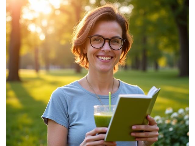 Eine lachende Frau mittleren Alters, die friedlich einen grünen Smoothie in einem sonnigen Berliner Park genießt, mit einem aufgeschlagenen Buch und einem Smartphone in der Hand.