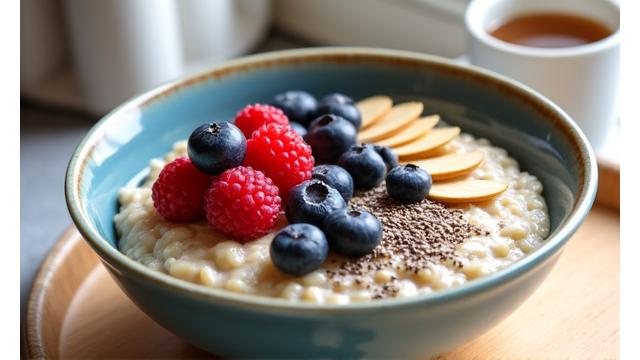 Eine Schale mit frischen, bunten Beeren, Haferflocken und Nüssen, die für ein gesundes Frühstück bereitstehen.