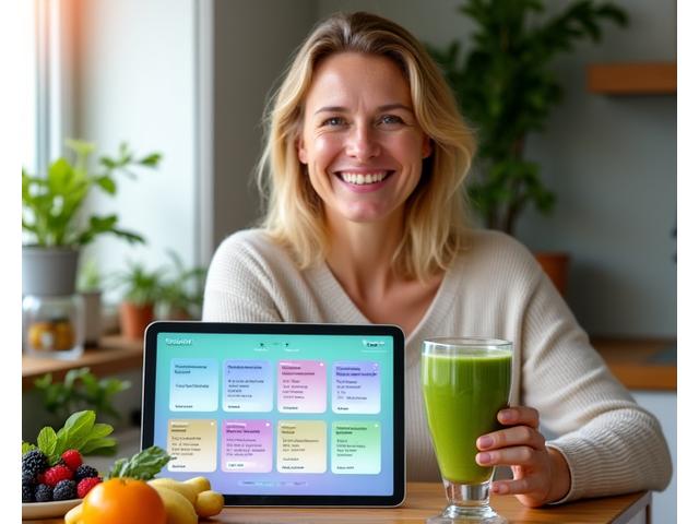 Frau ab 35, lächelnd und entspannt, in einer gepflegten Küche, die ein grünes Smoothieglas hält, umgeben von frischem Obst und einem Tablet mit einer Wellness-App. Repräsentiert die Freude an kleinen, gesunden Veränderungen.