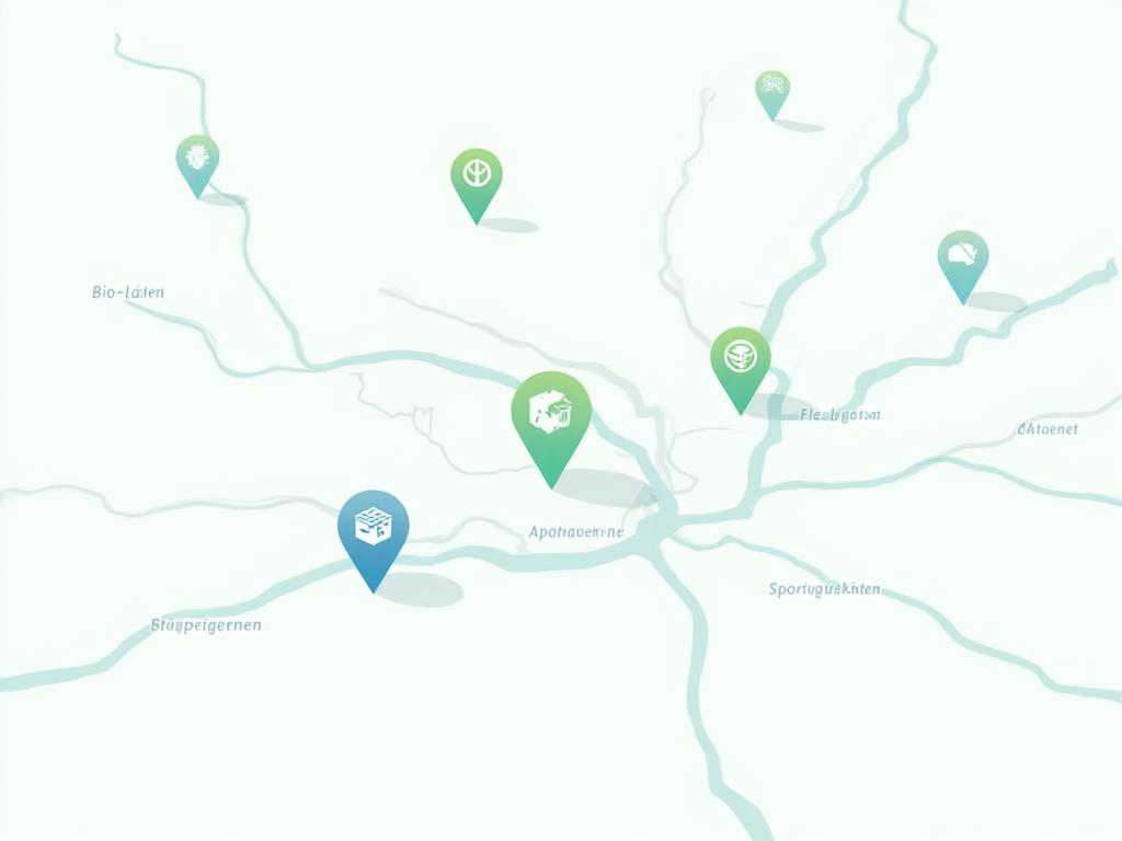 Eine stilisierte Karte von Berlin, hervorgehoben durch hellblaue und grüne Markierungen an Standorten, die auf physische Geschäfte hinweisen. Der Fokus liegt auf der Zugänglichkeit von Gesundheitsprodukten in der Stadt, mit einem modernen, klaren Design.