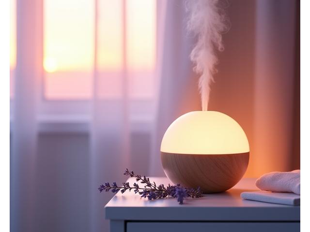 Ein Aromatherapie-Diffusor mit sanftem Licht und Dampf, umgeben von beruhigenden Kräutern wie Lavendel.
