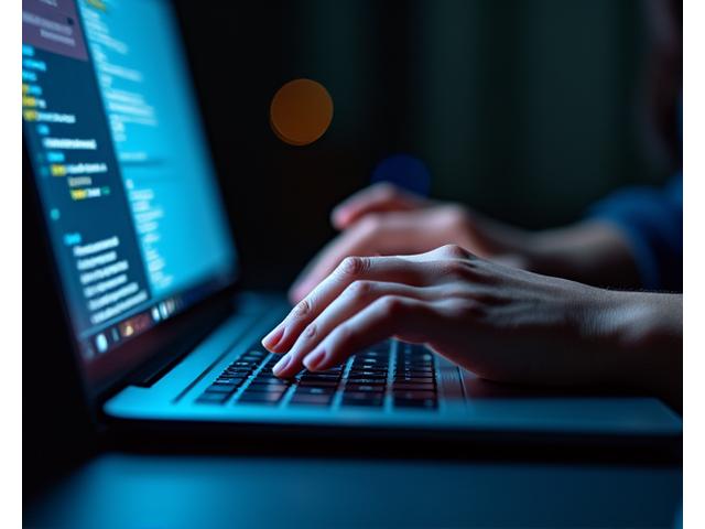 Eine Person, die abends am Laptop arbeitet und dabei eine Brille mit Blaulichtfilter trägt.