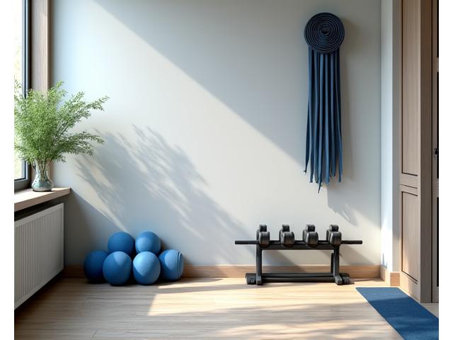 Kompaktes Home-Gym-Setup mit intelligenten Hanteln und Fitnessmatte in einem hellen Raum.