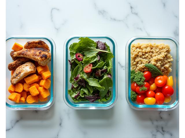 Eine Auswahl von Meal-Prep-Behältern gefüllt mit gesunden, vorbereiteten Mahlzeiten.