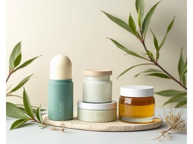 Ansprechend arrangierte Naturkosmetikprodukte, darunter ein Deo-Stick und eine Handcreme, mit weichen, organischen Formen im Hintergrund.