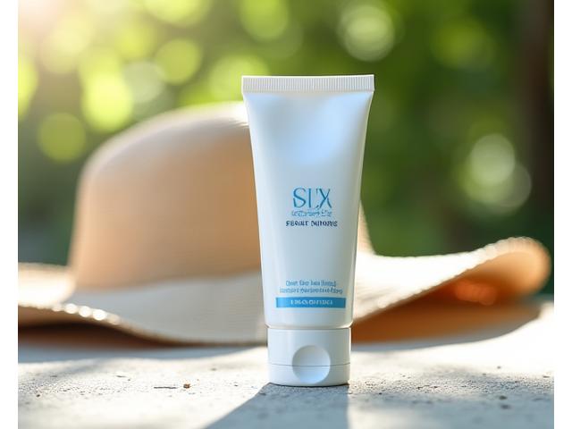Sonnenschutzcreme-Tuben und ein Hut am Strand mit sonniger Stimmung.