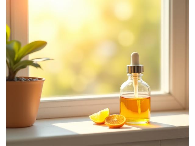 Vitamin D Tropfenflasche neben Sonnenlicht einfallendem Fenster.