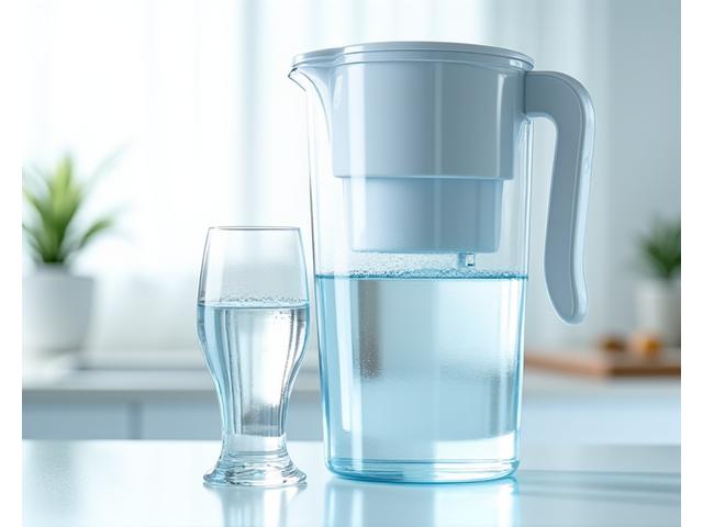 Ein stilvoller Wasserfilterkrug auf einer Küchentheke mit einem Glas Wasser daneben.