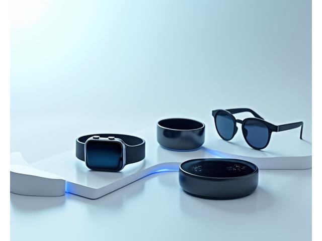 Auswahl verschiedener moderner Wearables wie Smartwatches und Fitness-Ringe auf einem Holztisch.