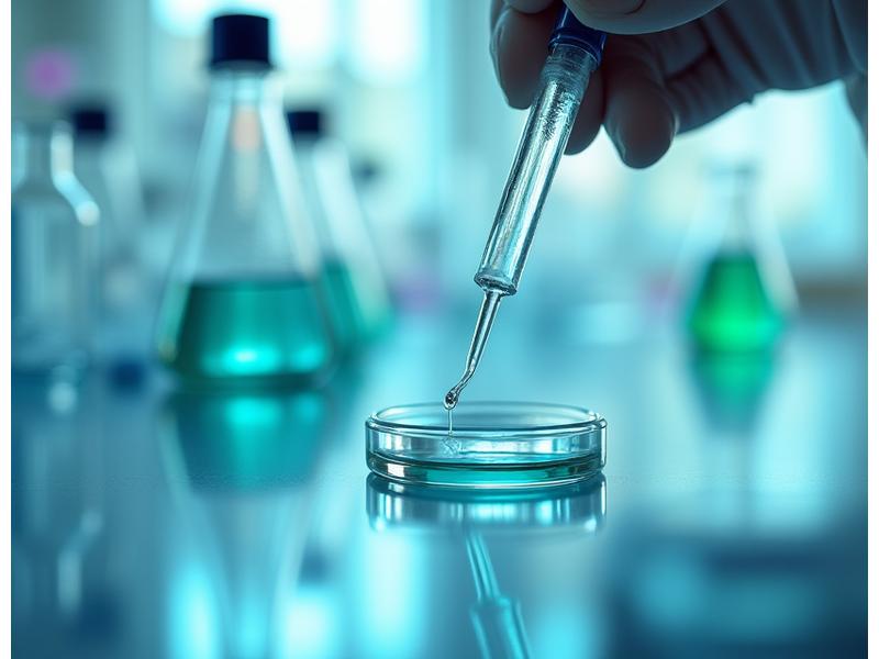 Eine Hand hält eine Pipette über eine Petrischale in einem modernen Labor, umgeben von Reagenzgläsern und wissenschaftlichen Geräten, während im Hintergrund Diagramme angezeigt werden. Fokus auf Detail und Präzision.