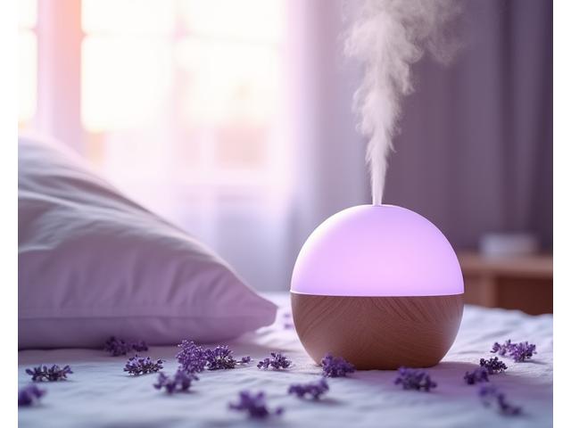 Ein diffuser mit ätherischen Ölen, umgeben von Lavendelblüten und sanftem, warmem Licht.
