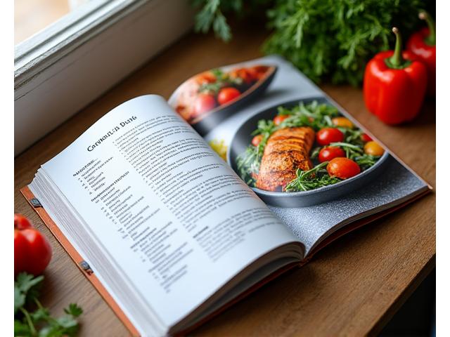 Ein offenes Kochbuch mit einer gesunden, farbenfrohen Mahlzeit auf dem Cover, daneben frisches Gemüse.