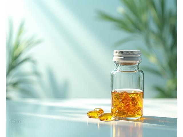 Hochwertige Omega-3-Kapseln in einer stilvollen Glasflasche auf einem hellen Hintergrund.