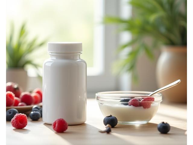 Probiotische Kapseln auf einem Holztisch neben einer Schale mit frischen Beeren und Joghurt.