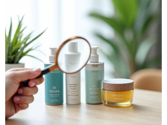Eine Hand hält eine Lupe über eine Auswahl von Gesundheitsprodukten wie Vitaminpräparaten, Fitness-Trackern und Naturkosmetik, mit einem aufgeräumten, hellen Hintergrund.