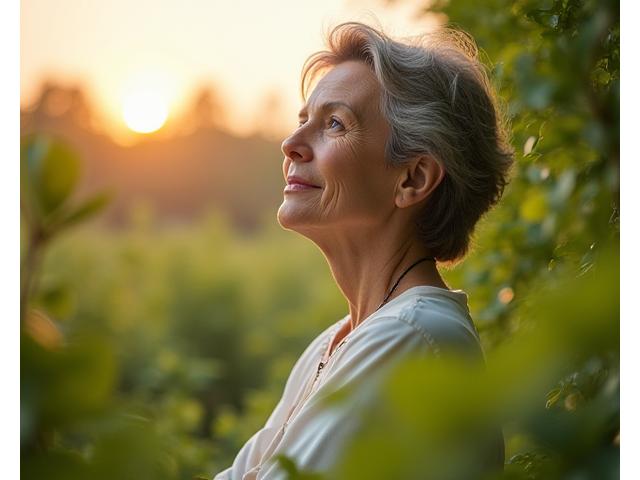 Eine Frau mittleren Alters schaut nachdenklich in einen Garten, symbolisiert den Beginn einer Gesundheitsreise und Neuanfang.