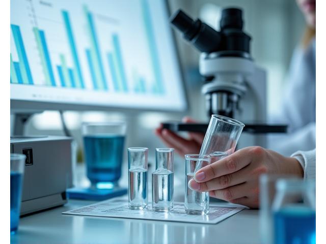 Nahaufnahme einer Person, die in einem Labor mit Reagenzgläsern und Mikroskop arbeitet, symbolisiert wissenschaftliche Forschung.